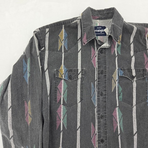 VTG Wrangler Western Shirt Aztec Geometric Button Up Shirt Sz Lg FADED WORN - Picture 4 of 13